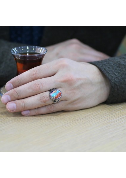 Has Mercan Taşlı Gotik Tasarım 925 Ayar Gümüş Erkek Yüzük fiyatları