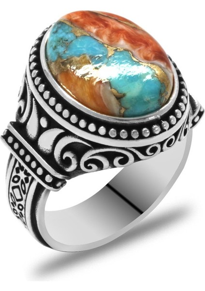 Has Mercan Taşlı Gotik Tasarım 925 Ayar Gümüş Erkek Yüzük modelleri