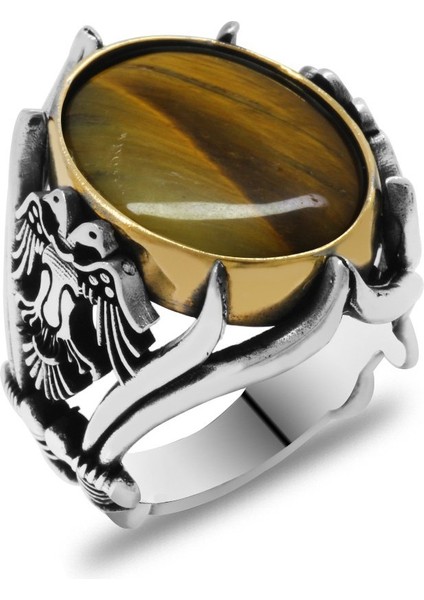 Kaplangözü Taşlı Yanları Zülfikar Detaylı 925 Ayar Gümüş Erkek Yüzük modelleri