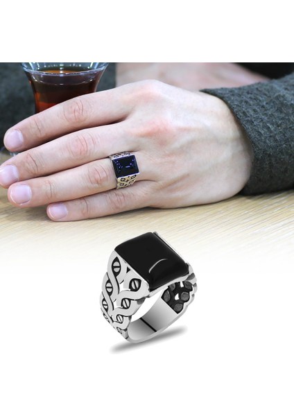 Oval Siyah Oniks Taşlı Sarmaşık Tasarım 925 Ayar Gümüş Erkek Yüzük