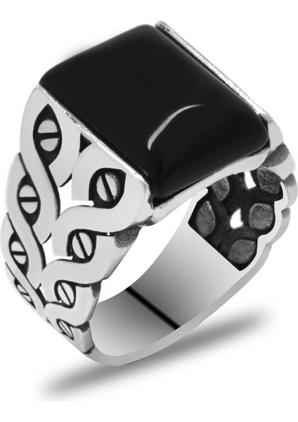 Oval Siyah Oniks Taşlı Sarmaşık Tasarım 925 Ayar Gümüş Erkek Yüzük modelleri