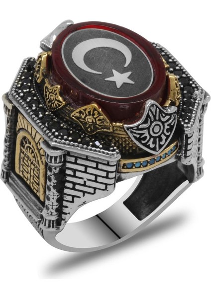 Kırmızı Sıkma Kehribar Üzerine Ayyıldız Işlemeli Yanları Kale Tasarım 925 Ayar Gümüş Erkek Yüzük modelleri