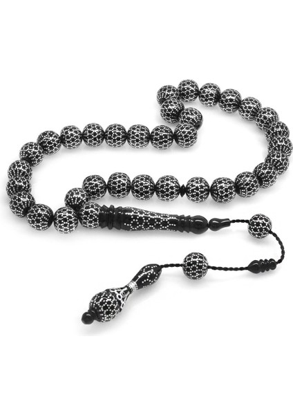 Sistemli Imamesi ve Hitamesi Nakkaşiyeli Her Tanesi Kumpas Işçilikli Yoğun Gümüş Işlemeli Küre Kesim Erzurum Oltu Taşı Tesbih