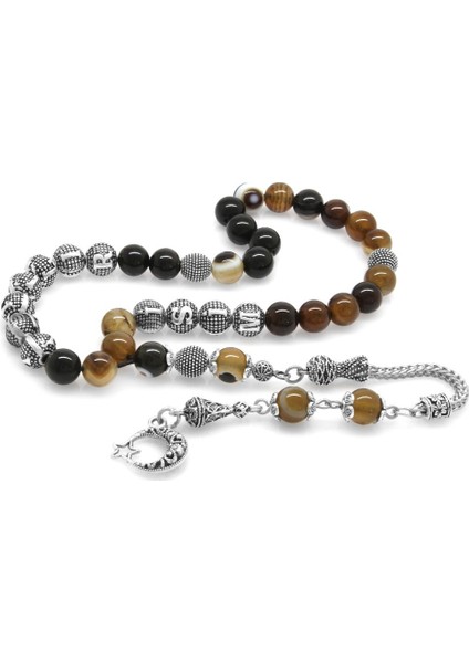 Kararmaz Metal Püsküllü Küre Kesim Isim Yazılı Madagaskar Akik Doğaltaş Tesbih