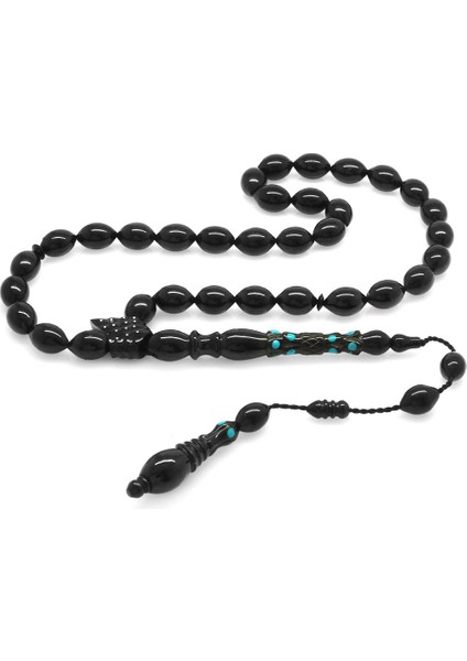 Sistemli Gümüş-Firuze Işlemeli Arpa Kesim Erzurum Oltu Taşı Tesbih