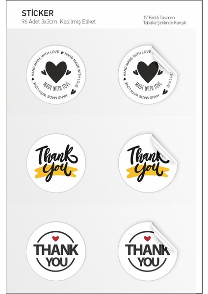 Thank You-Hand Made With Love Etiket, 17 Farklı Tasarım Sticker 96 Adet