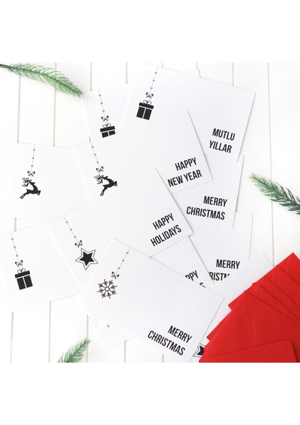 Yılbaşı karma tebrik mesajlı zarflı kart seti, 12 adet