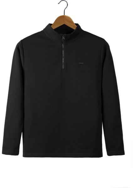 Erkek Siyah Rahat Kalıp Yarım Fermuarlı Bato Yaka Basic Sweatshirt 21K-5200179-2