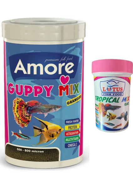 Guppy Mix Granules 1000ML ve Tropical Flakes 100ML Kutu Balık Yemi