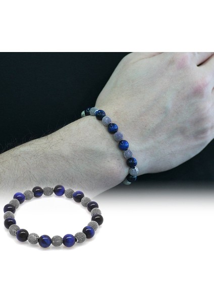 Mavi Kaplangözü Metal Kombinli Küre Kesim Doğal Taş Bileklik