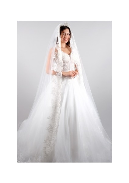 Gelin Duvağı Uzun Fransız Dantelli Kırıkbeyaz Gelin ve Nikah Duvağı Boyu 220 cm Eni 300 cm fırsatları