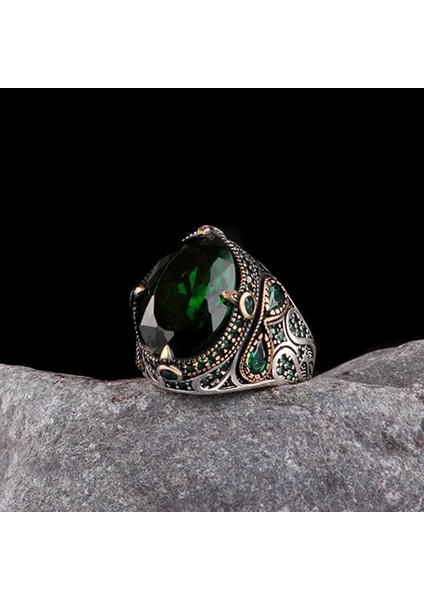 925 Ayar Gümüş Yeşil Renk Zirkon Taşlı Yüzük fiyatları