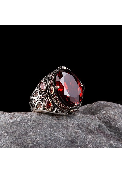 925 Ayar Gümüş Kırmızı Renk Zirkon Taşlı Yüzük fiyatları