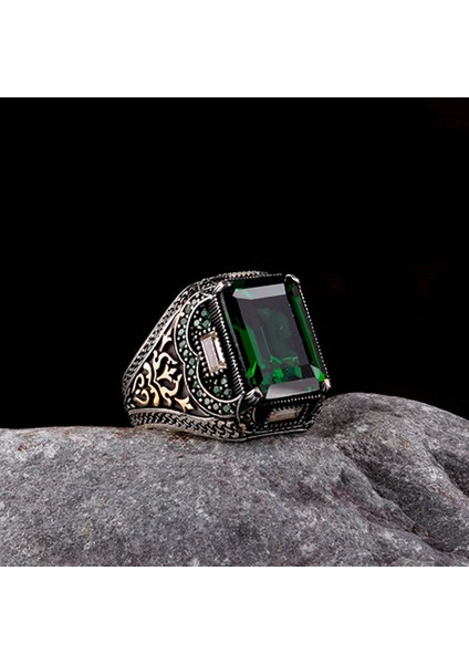 925 Ayar Gümüş Yeşil Zirkon Taşlı Erkek Yüzük