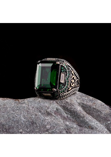 925 Ayar Gümüş Yeşil Zirkon Taşlı Erkek Yüzük fiyatları