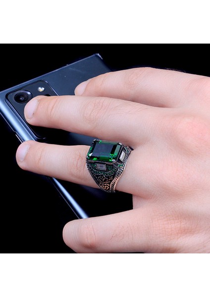 925 Ayar Gümüş Yeşil Zirkon Taşlı Erkek Yüzük modelleri