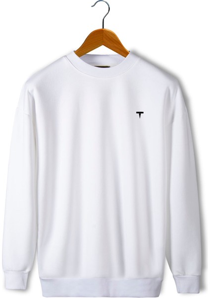 Unisex Beyaz Göğsü T Baskılı Oversize Üç Iplik Şardonlu Bisiklet Yaka Sweatshirt 22K-5200177-2