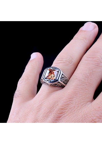 925 Ayar Gümüş Kalem Işleme Motif Zirkon Taşlı Erkek Yüzük modelleri