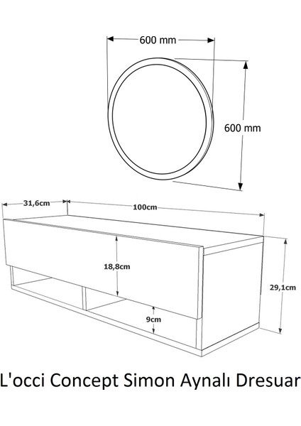 L'occi Concept Simon 60 cm Aynalı Dresuar Antre Hol Çam-Beyaz