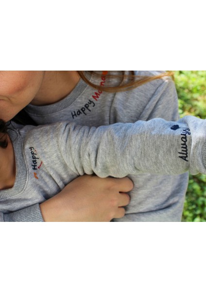 Anne & Bebek Set Gri Melanj Sweatshirt | 3 Iplik Nakışlı Sweatshirt | Happymama & Behappy