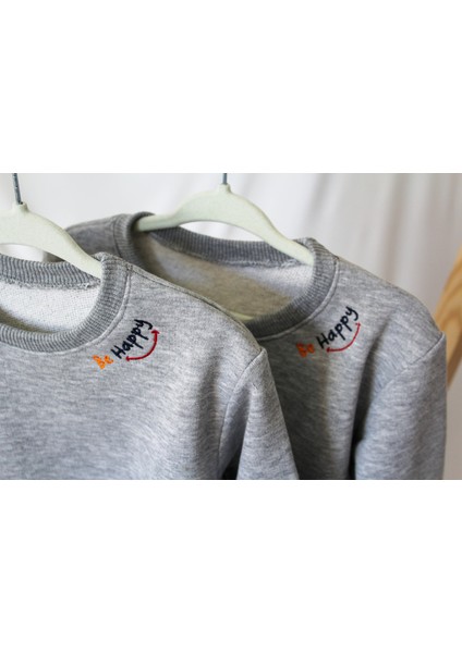 Anne & Bebek Set Gri Melanj Sweatshirt | 3 Iplik Nakışlı Sweatshirt | Happymama & Behappy