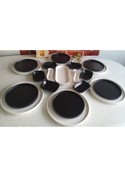 21 Parça Mat Siyah-Beyaz Stackable Kahvaltı Seti