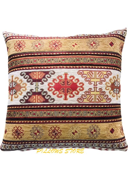 Kilim Desenli Beyaz-Safran Kırlent Kılıfı 45 cm *45 cm