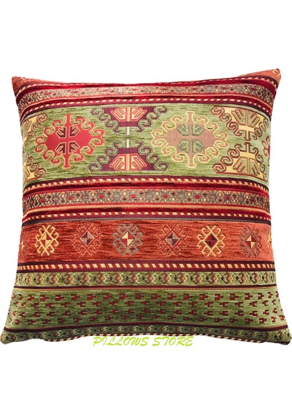 Kilim Desenli Açık Yeşil-Kiremit Kırlent Kılıfı 45 cm *45 cm
