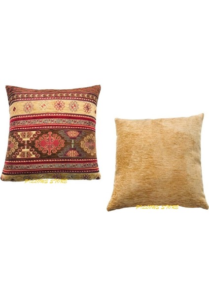 Kilim Desenli Kahverengi-Safran Kırlent Kılıfı Seti - 2 Adet 45 Cm* 45 cm