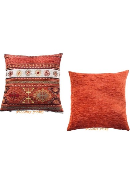 Kilim Desenli Beyaz-Kiremit Kırlent Kılıfı Seti - 2 Adet 45 Cm* 45 cm