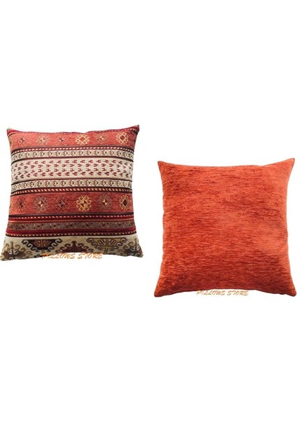 Kilim Desenli Krem-Kiremit Kırlent Kılıfı Seti - 2 Adet 45 Cm* 45 cm