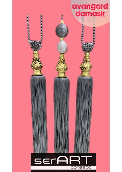 Fon Perde Bağcık Damask Gold Kukalı 3 Lü Set Tavan Bağlama Kruvaze Toplama Sarkıtlı Bracol Antrasit