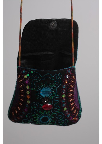 Gök Mavisi Taşlı El Işlemeli Özel Tasarım Pullu %100 Pamuklu Minik Omuz Çantası