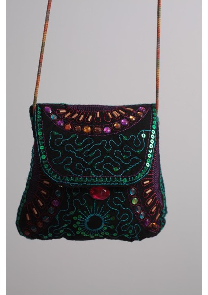 Gök Mavisi Taşlı El Işlemeli Özel Tasarım Pullu %100 Pamuklu Minik Omuz Çantası modelleri