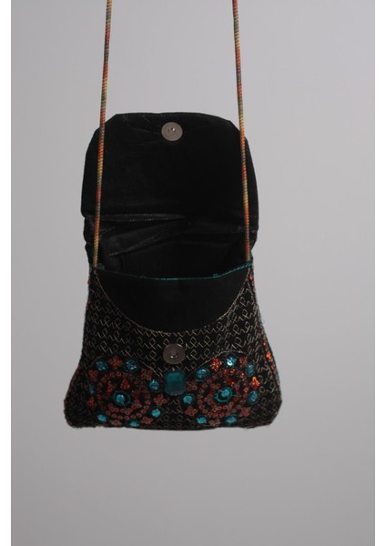 Turuncu,mavi Pul Işlemeli Özel Tasarım %100 Pamuklu Minik Omuz Çantası