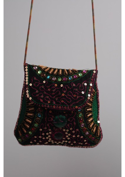 Yeşil Işlemeli Pembe Pullu Taşlı Özel Tasarım %100 Pamuklu Minik Omuz Çantası