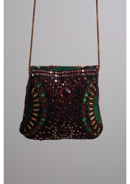 Yeşil Işlemeli Pembe Pullu Taşlı Özel Tasarım %100 Pamuklu Minik Omuz Çantası fiyatları