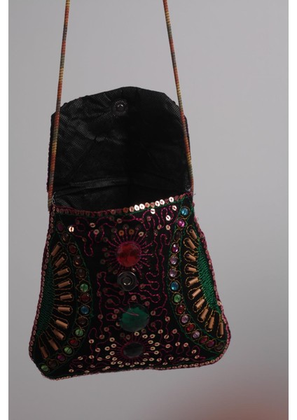 Yeşil Işlemeli Pembe Pullu Taşlı Özel Tasarım %100 Pamuklu Minik Omuz Çantası modelleri