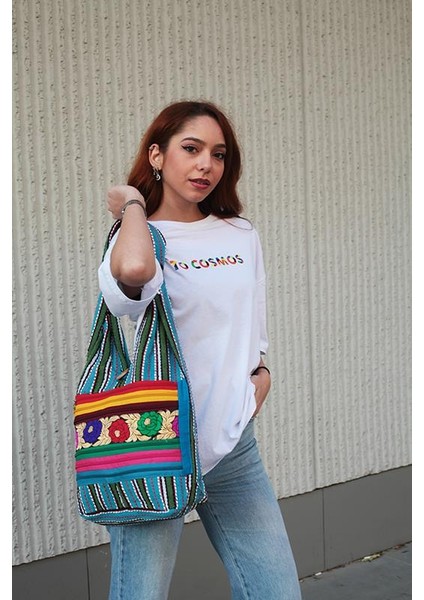 Renkli Gül Desenli Özel Tasarım %100 Pamuklu Omuz Çantası