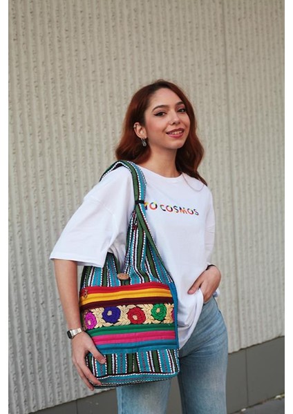 Renkli Gül Desenli Özel Tasarım %100 Pamuklu Omuz Çantası modelleri