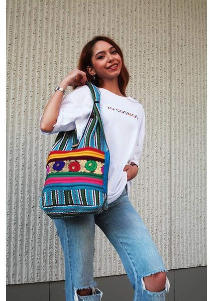 Renkli Gül Desenli Özel Tasarım %100 Pamuklu Omuz Çantası fırsatları