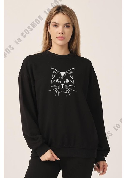 Cat Face Baskılı Siyah Kadın Sweatshirt