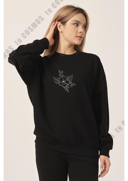 Çiçek Baskılı Siyah Kadın Sweatshirt modelleri
