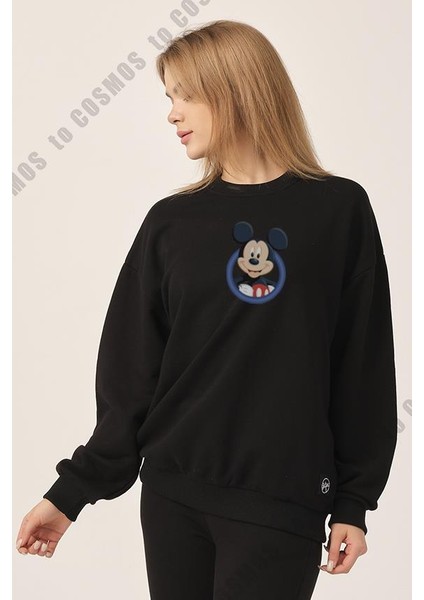 To Cosmos Mickey Mouse Silüet Baskılı Siyah Kadın Sweatshirt