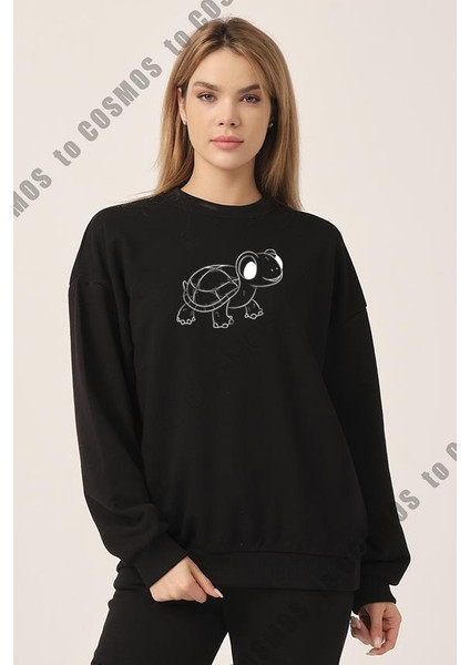 Turtle Silüet Baskılı Siyah Kadın Sweatshirt