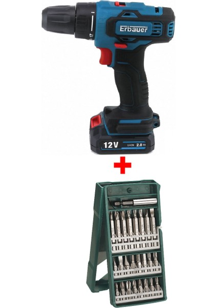 Çift Akülü Matkap Şarjlı Matkap Akülü Vidalama 12V 2A EDD12 + Bosch 25 Parça Vidalama Ucu Seti