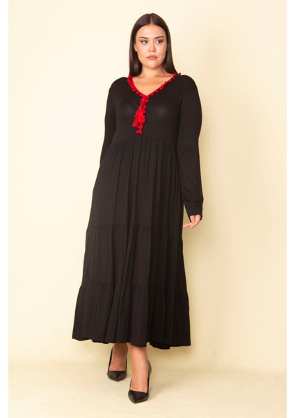 Kadın Kırmızı Yaka Detaylı Belden Büzgülü Katlı Uzun Elbise 65N28082 fiyatları