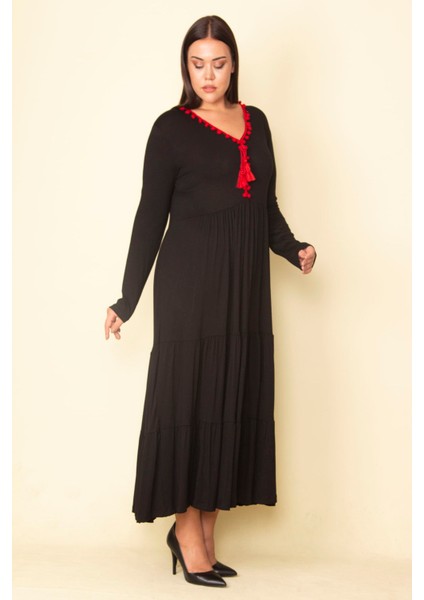 Kadın Kırmızı Yaka Detaylı Belden Büzgülü Katlı Uzun Elbise 65N28082 modelleri