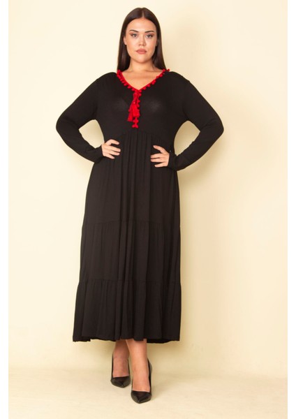 Kadın Kırmızı Yaka Detaylı Belden Büzgülü Katlı Uzun Elbise 65N28082 indirimleri