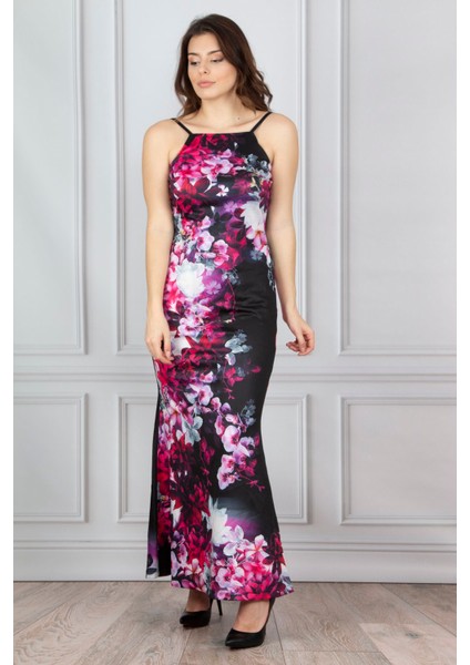 Kadin Siyah Desenli Uzun Elbise 26N14377